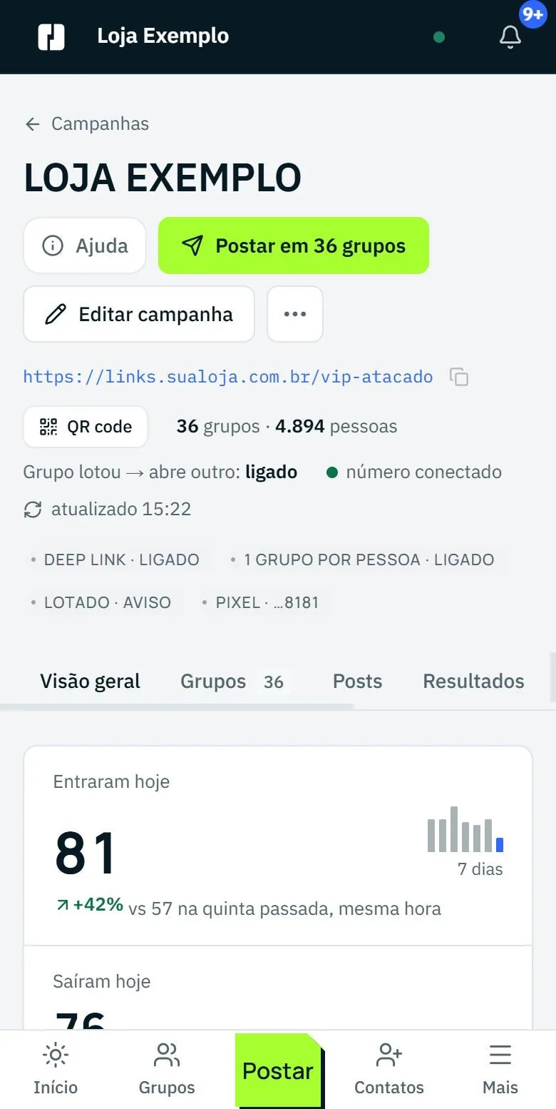 Campanha com o botão Postar em 36 grupos