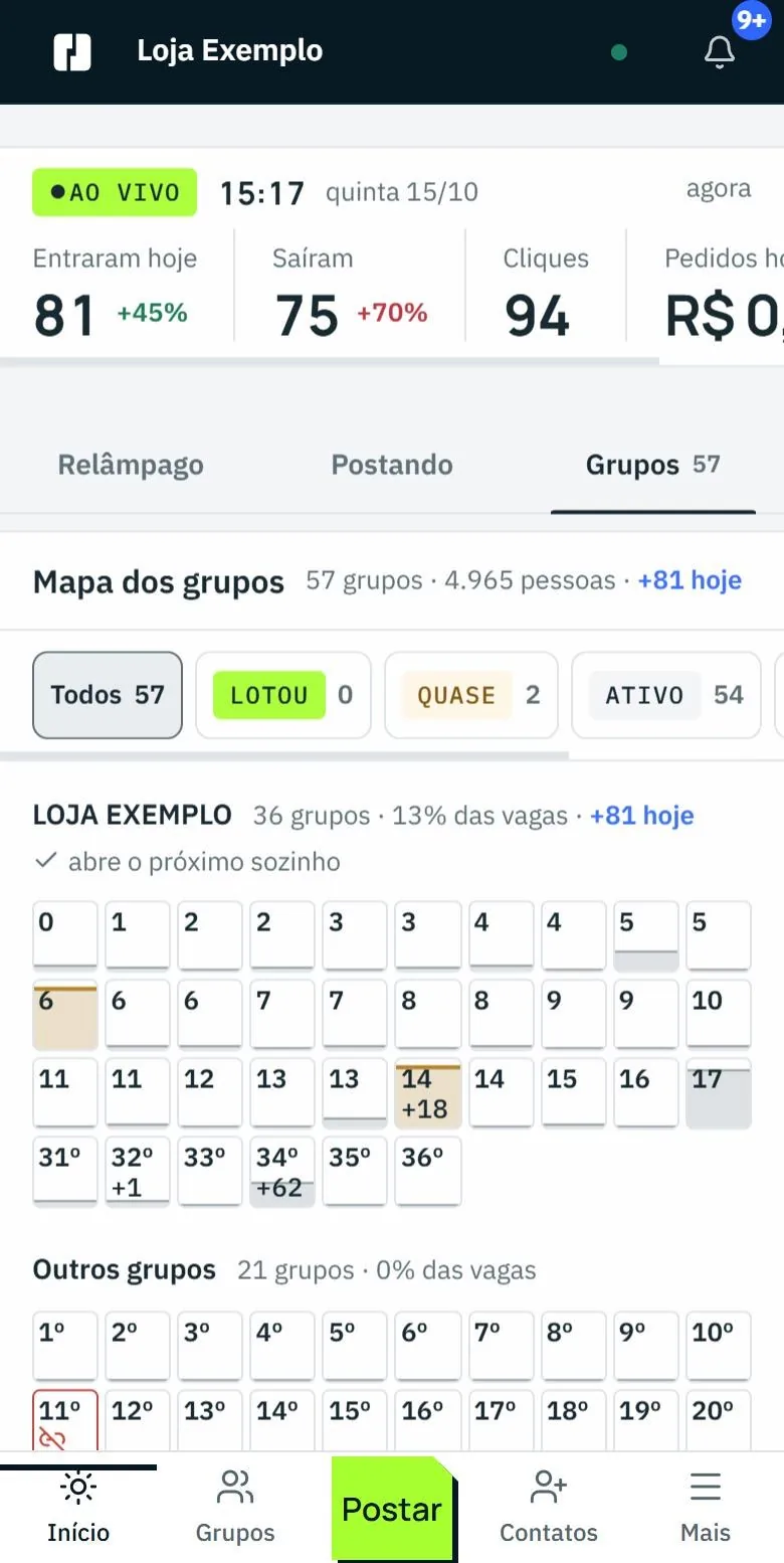Início ao vivo com o mapa dos grupos